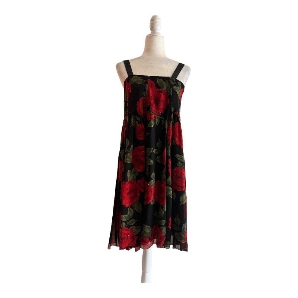 Nine West Red Rose Print Silk Square Neck Sleeveless Womens Size 6 Knee Length